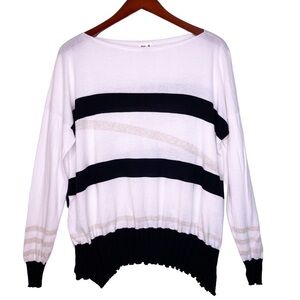PLANET By LAUREN G Striped Boat Neck Ribbed Knit Sweater in White Multi Stripe